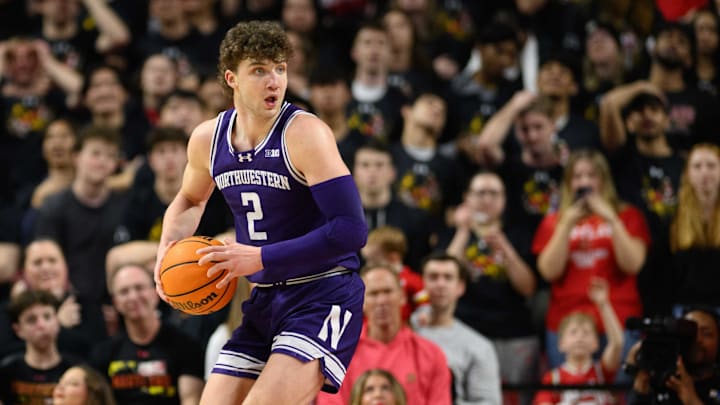 Mar 8, 2025; College Park, Maryland, USA; Northwestern Wildcats forward Nick Martinelli (2) handles the ball during the first half against the Maryland Terrapins at Xfinity Center. Mandatory Credit: Reggie Hildred-Imagn Images Mar 8, 2025; College Park, Maryland, USA; Northwestern Wildcats forward Nick Martinelli (2) handles the ball during the first half against the Maryland Terrapins at Xfinity Center. Mandatory Credit: Reggie Hildred-Imagn Images