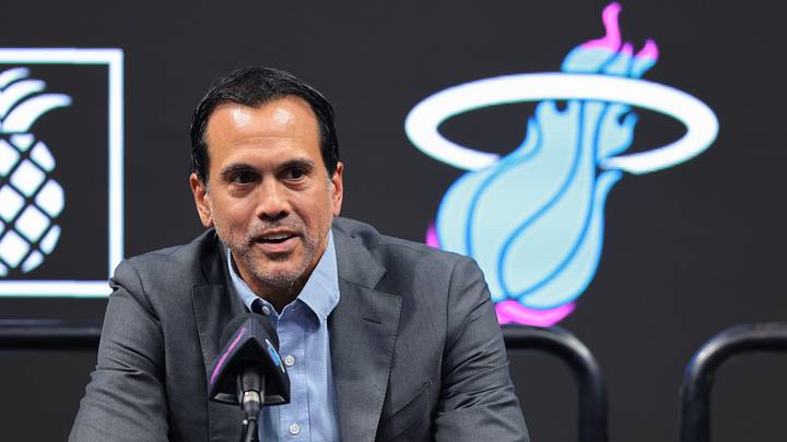 Jul 16, 2026; Miami, FL, USA; Miami Heat head coach Erik Spoelstra speaks to reporters during an introductory press conference for Miami Heat forward Giannis Antetokounmpo (not pictured) at Kaseya Center. Mandatory Credit: Sam Navarro-Imagn Images Jul 16, 2026; Miami, FL, USA; Miami Heat head coach Erik Spoelstra speaks to reporters during an introductory press conference for Miami Heat forward Giannis Antetokounmpo (not pictured) at Kaseya Center. Mandatory Credit: Sam Navarro-Imagn Images