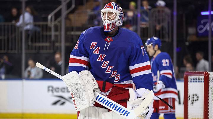 Sep 24, 2026; New York, New York, USA; New York Rangers goaltender Joonas Korpisalo (70) checks back into the game following a timeout against the New Jersey Devils in the first period at Madison Square Garden. Mandatory Credit: Wendell Cruz-Imagn Images Sep 24, 2026; New York, New York, USA; New York Rangers goaltender Joonas Korpisalo (70) checks back into the game following a timeout against the New Jersey Devils in the first period at Madison Square Garden. Mandatory Credit: Wendell Cruz-Imagn Images