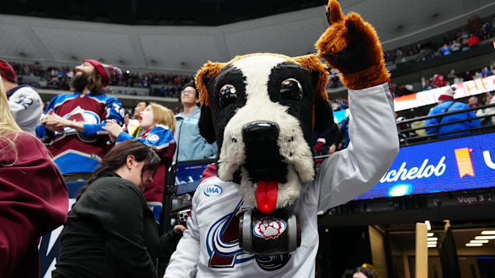 Dec 29, 2025; Denver, Colorado, USA; Colorado Avalanche mascot Bernie celebrates defeating the Los Angeles Kings  at Ball Arena. Mandatory Credit: Ron Chenoy-Imagn Images