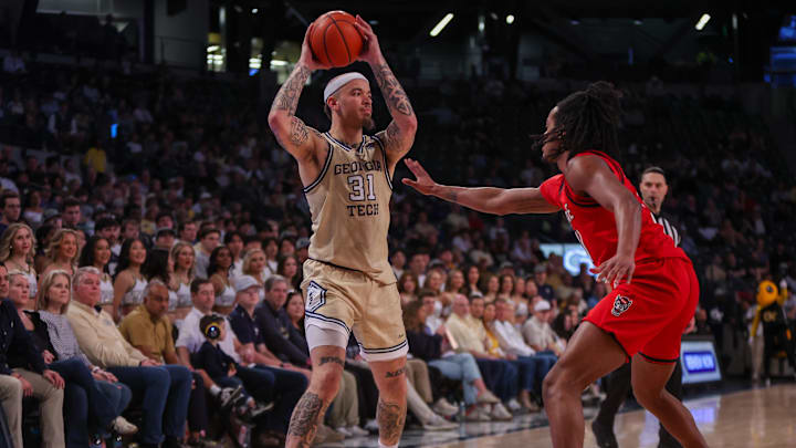 Mar 1, 2025; Atlanta, Georgia, USA; Georgia Tech Yellow Jackets forward Duncan Powell (31) handles the ball against the North Carolina State Wolfpack in the second half at McCamish Pavilion. Mandatory Credit: Brett Davis-Imagn Images Mar 1, 2025; Atlanta, Georgia, USA; Georgia Tech Yellow Jackets forward Duncan Powell (31) handles the ball against the North Carolina State Wolfpack in the second half at McCamish Pavilion. Mandatory Credit: Brett Davis-Imagn Images