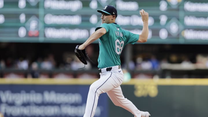 Seattle Mariners starting pitcher George Kirby (68) throws against the Houston Astros during the first inning at T-Mobile Park on July 20. Seattle Mariners starting pitcher George Kirby (68) throws against the Houston Astros during the first inning at T-Mobile Park on July 20.