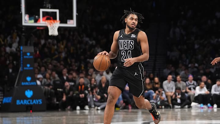 Oct 29, 2024; Brooklyn, New York, USA; Brooklyn Nets small guard Cam Thomas (24) dribbles the ball against the Denver Nuggets during the second half at Barclays Center. Mandatory Credit: Gregory Fisher-Imagn Images Oct 29, 2024; Brooklyn, New York, USA; Brooklyn Nets small guard Cam Thomas (24) dribbles the ball against the Denver Nuggets during the second half at Barclays Center. Mandatory Credit: Gregory Fisher-Imagn Images