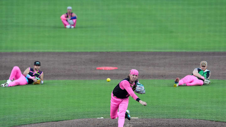 The Party Animals’ Drew Gillespie delivers the last pitch of the game against The Visitors June 26, 2025