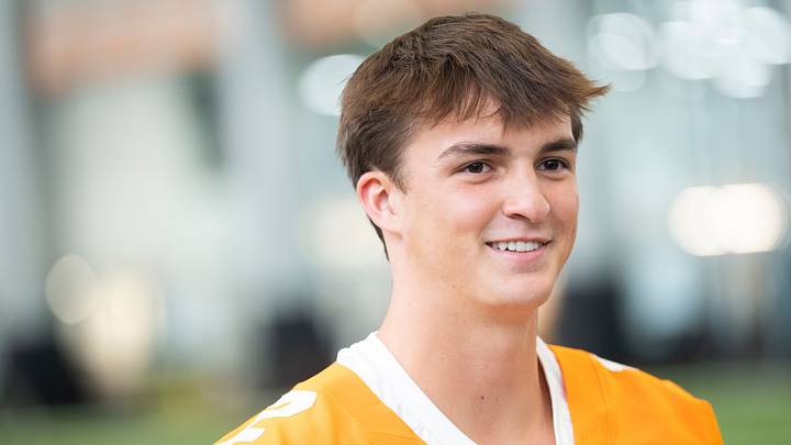 Tennessee quarterback George MacIntyre (12) speaks to the media during Tennessee football’s media day on Aug. 4, 2026.
