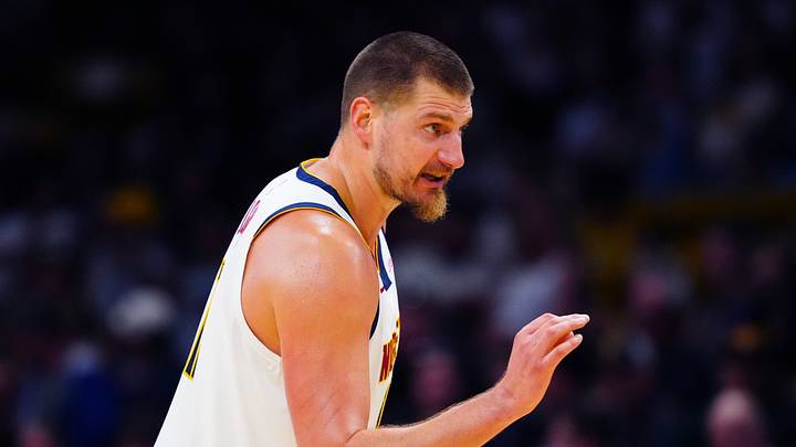 Oct 4, 2026; Boulder, Colorado, USA;  Denver Nuggets center Nikola Jokic (15) calls out in the second quarter against the Utah Jazz at CU Events Center.  Mandatory Credit: Ron Chenoy-Imagn Images