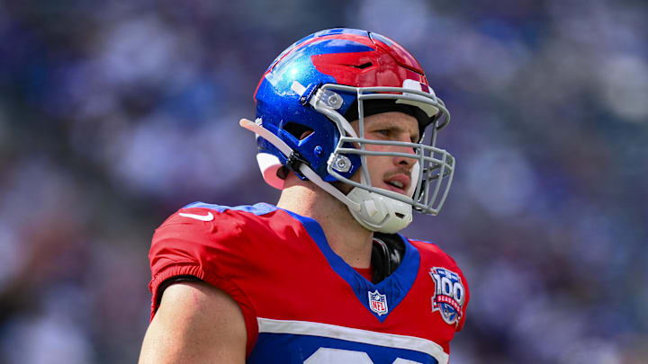 Sep 8, 2024; East Rutherford, New Jersey, USA; New York Giants tight end Daniel Bellinger (82) during the second half against the Minnesota Vikings at MetLife Stadium. Mandatory Credit: John Jones-Imagn Images