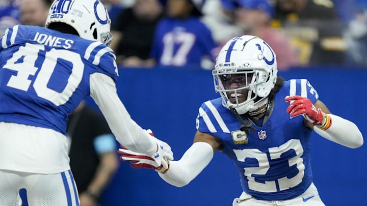 Nov 10, 2024; Indianapolis, Indiana, USA; Indianapolis Colts cornerback Kenny Moore II (23) celebrates with Indianapolis Colts cornerback Jaylon Jones (40) after making an interception Sunday, Nov. 10, 2024, during a game against the Buffalo Bills at Lucas Oil Stadium in Indianapolis. 