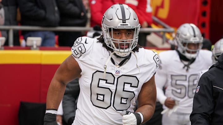 Dec 25, 2023; Kansas City, Missouri, USA; Las Vegas Raiders guard Dylan Parham (66) runs onto the field against the Kansas City Chiefs prior to a game at GEHA Field at Arrowhead Stadium. Mandatory Credit: Denny Medley-Imagn Images Dec 25, 2023; Kansas City, Missouri, USA; Las Vegas Raiders guard Dylan Parham (66) runs onto the field against the Kansas City Chiefs prior to a game at GEHA Field at Arrowhead Stadium. Mandatory Credit: Denny Medley-Imagn Images