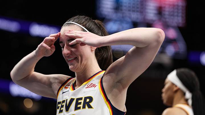 Aug 16, 2026; Atlanta, Georgia, USA; Indiana Fever guard Caitlin Clark (22) reacts against the Atlanta Dream after the fourth quarter at State Farm Arena. Mandatory Credit: Colin Hubbard-Imagn Images
