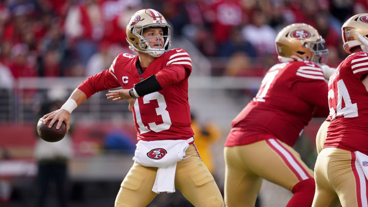 Dec 10, 2023; Santa Clara, California, USA; San Francisco 49ers quarterback Brock Purdy (13) throws a pass against the Seattle Seahawks in the first quarter at Levi's Stadium. Mandatory Credit: Cary Edmondson-USA TODAY Sports