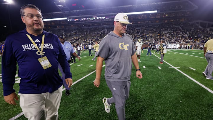 Nov 22, 2025; Atlanta, Georgia, USA; Georgia Tech Yellow Jackets head coach Brent Key walks off the field after a loos to the Pittsburgh Panthers at Bobby Dodd Stadium at Hyundai Field. Mandatory Credit: Brett Davis-Imagn Images
