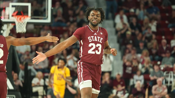 Mar 1, 2025; Starkville, Mississippi, USA; Mississippi State Bulldogs center Michael Nwoko (23) reacts after a dunk against the LSU Tigers during the first half at Humphrey Coliseum. Mandatory Credit: Wesley Hale-Imagn Images Mar 1, 2025; Starkville, Mississippi, USA; Mississippi State Bulldogs center Michael Nwoko (23) reacts after a dunk against the LSU Tigers during the first half at Humphrey Coliseum. Mandatory Credit: Wesley Hale-Imagn Images