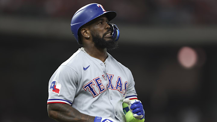 Jul 11, 2025; Houston, Texas, USA; Texas Rangers right fielder Adolis Garcia (53) reacts after a play during the game against the Houston Astros at Daikin Park. 