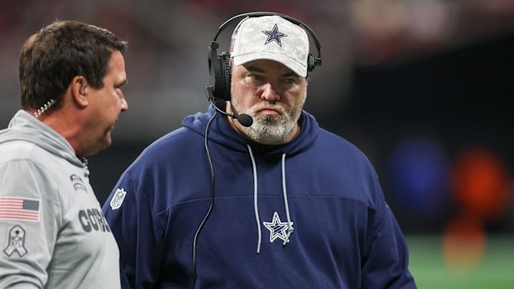 Nov 3, 2024; Atlanta, Georgia, USA; Dallas Cowboys head coach Mike McCarthy on the field against the Atlanta Falcons in the fourth quarter at Mercedes-Benz Stadium. Mandatory Credit: Brett Davis-Imagn Images