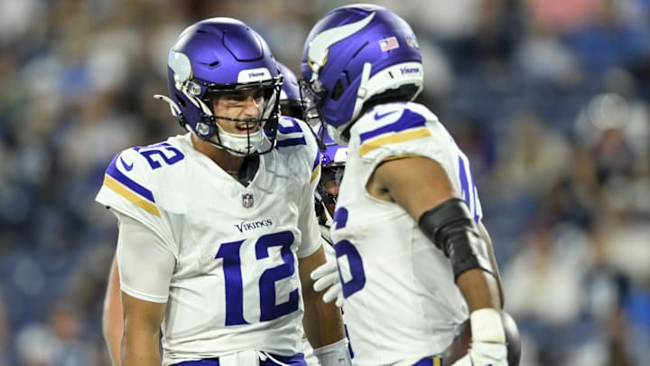 Aug 22, 2025; Nashville, Tennessee, USA;  Minnesota Vikings tight end Bryson Nesbit (46) celebrates his touchdown with Minnesota Vikings quarterback Max Brosmer (12)  against the Tennessee Titan during the second half at Nissan Stadium. Mandatory Credit: Steve Roberts-Imagn Images