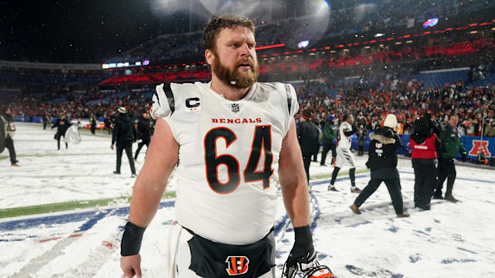 Cincinnati Bengals center Ted Karras (64) celebrates at the conclusion of an NFL divisional playoff football game between the Cincinnati Bengals and the Buffalo Bills, Sunday, Jan. 22, 2023, at Highmark Stadium in Orchard Park, N.Y.

Cincinnati Bengals At Buffalo Bills Afc Divisional Jan 22 1412