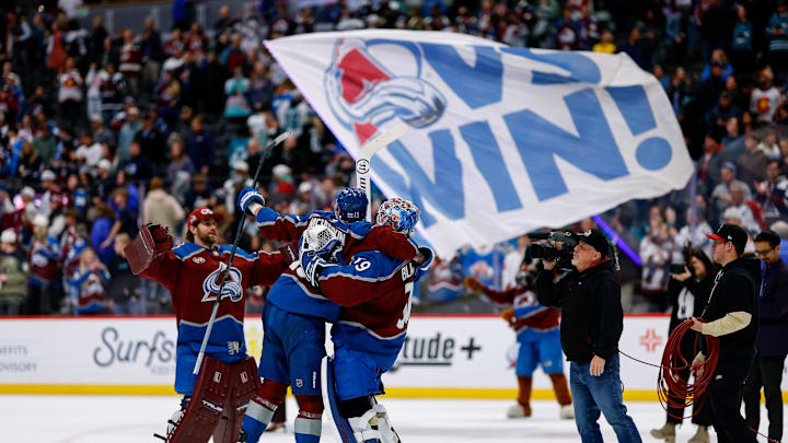 Feb 4, 2026; Denver, Colorado, USA; Colorado Avalanche right wing Valeri Nichushkin (13) reacts with goaltender MacKenzie Blackwood (39) and goaltender Scott Wedgewood (41) after the game against the San Jose Sharks at Ball Arena. Mandatory Credit: Isaiah J. Downing-Imagn Images