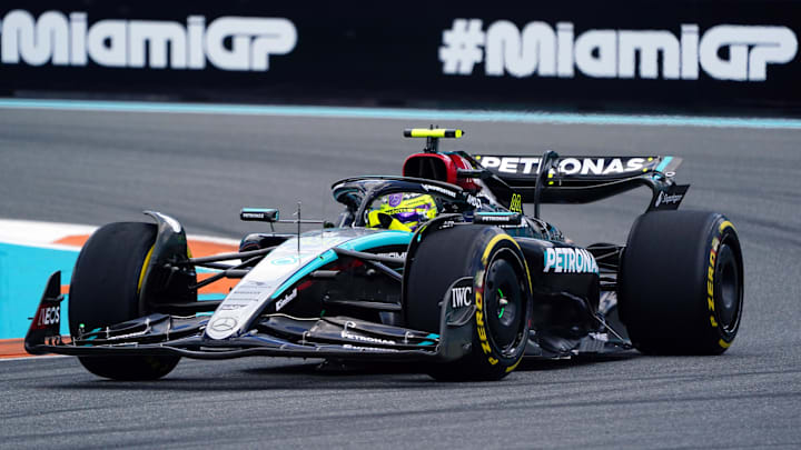 May 3, 2024; Miami Gardens, Florida, USA; Mercedes driver Lewis Hamilton (44) races into turn one during F1 practice at Miami International Autodrome. Mandatory Credit: John David Mercer-USA TODAY Sports May 3, 2024; Miami Gardens, Florida, USA; Mercedes driver Lewis Hamilton (44) races into turn one during F1 practice at Miami International Autodrome. Mandatory Credit: John David Mercer-USA TODAY Sports