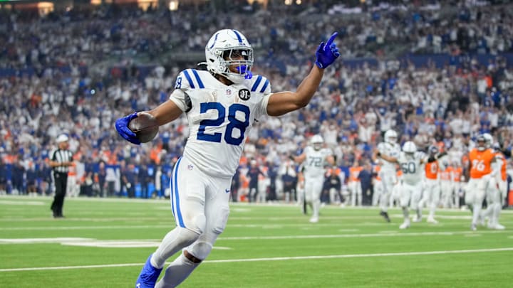 Indianapolis Colts running back Jonathan Taylor (28) rushes for a touchdown Sunday, Sept. 14, 2025, during a game against the Denver Broncos at Lucas Oil Stadium in Indianapolis. Indianapolis Colts running back Jonathan Taylor (28) rushes for a touchdown Sunday, Sept. 14, 2025, during a game against the Denver Broncos at Lucas Oil Stadium in Indianapolis.