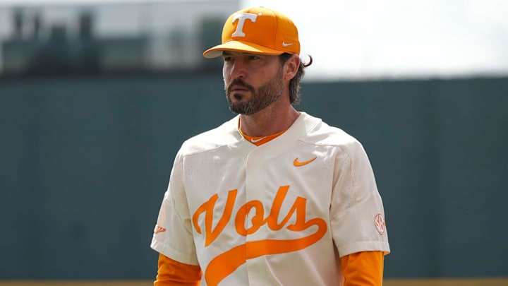 Tennessee baseball head coach Tony Vitello during a NCAA baseball game between the Tennessee Volunteers and Florida Gators at Lindsey Nelson Stadium in Knoxville, Tenn., on Sunday, March 16, 2025.