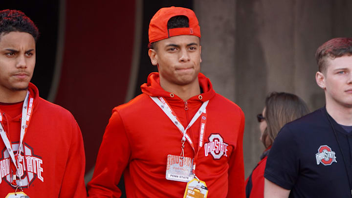 Recruit Jakob Weatherspoon watches Ohio State warm up before playing Penn State Oct. 21, 2023 at Ohio Stadium.