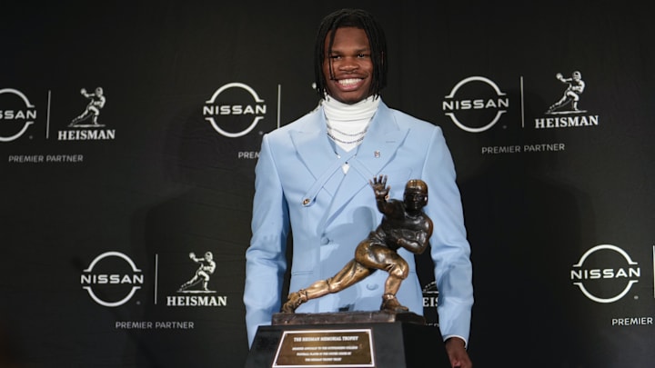 Dec 14, 2024; New York, NY, USA; Colorado Buffaloes wide receiver/cornerback Travis Hunter poses for a photo during a press conference before the 2024 Heisman Trophy Presentation. Mandatory Credit: Lucas Boland-Imagn Images