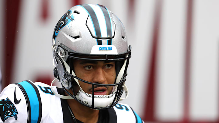 Carolina Panthers quarterback Bryce Young (9) runs on field before the game against the Tampa Bay Buccaneers 