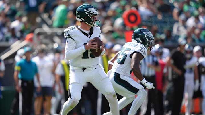 Aug 16, 2025; Philadelphia, Pennsylvania, USA; Philadelphia Eagles quarterback Kyle McCord (19) controls the ball against the Cleveland Browns in the second half at Lincoln Financial Field. Mandatory Credit: Kyle Ross-Imagn Images