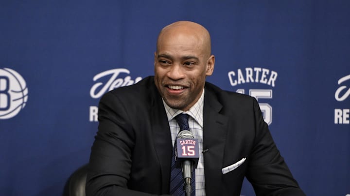 Jan 25, 2025; Brooklyn, New York, USA; Former NBA star Vince Carter speaks at a jersey retirement press conference before a game between the Brooklyn Nets and the Miami Heat at Barclays Center. Mandatory Credit: John Jones-Imagn Images Jan 25, 2025; Brooklyn, New York, USA; Former NBA star Vince Carter speaks at a jersey retirement press conference before a game between the Brooklyn Nets and the Miami Heat at Barclays Center. Mandatory Credit: John Jones-Imagn Images