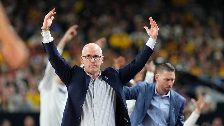 Apr 6, 2026; Indianapolis, IN, USA; UConn Huskies head coach Dan Hurley reacts after a play against the Michigan Wolverines during the first half in the national championship of the Final Four of the men's 2026 NCAA Tournament between the and the Michigan Wolverines at Lucas Oil Stadium. Mandatory Credit: Bob Donnan-Imagn Images Apr 6, 2026; Indianapolis, IN, USA; UConn Huskies head coach Dan Hurley reacts after a play against the Michigan Wolverines during the first half in the national championship of the Final Four of the men's 2026 NCAA Tournament between the and the Michigan Wolverines at Lucas Oil Stadium. Mandatory Credit: Bob Donnan-Imagn Images