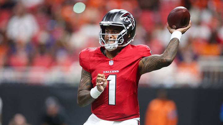 Aug 14, 2026; Atlanta, Georgia, USA; Atlanta Falcons quarterback Tua Tagovailoa (1) throws a pass against the Denver Broncos in the first quater at Mercedes-Benz Stadium. Mandatory Credit: Brett Davis-Imagn Images