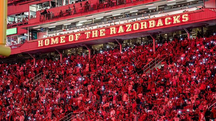 Arkansas fans during the light show at Razorback Stadium against Tulsa on Saturday, Sept. 26, 2026.