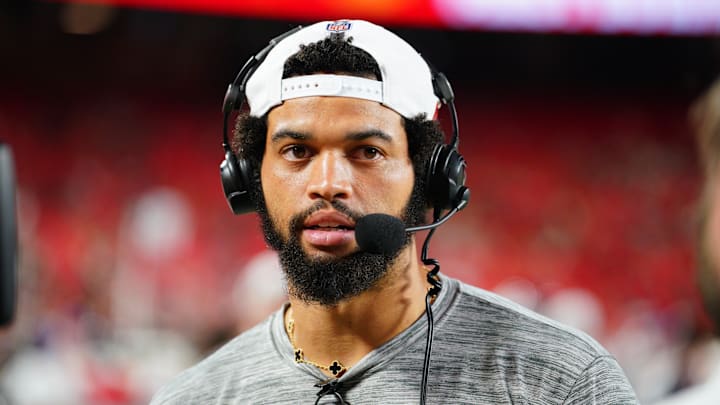 Aug 22, 2024; Kansas City, Missouri, USA; Chicago Bears quarterback Caleb Williams (18) talks with media on the sidelines against the Kansas City Chiefs during the second half at GEHA Field at Arrowhead Stadium. Mandatory Credit: Denny Medley-Imagn Images