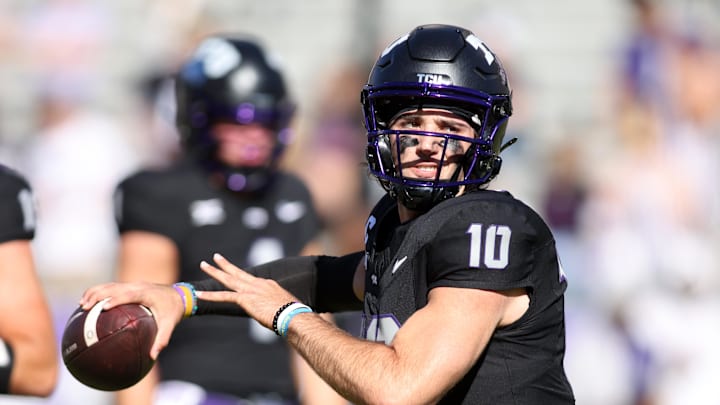 Nov 23, 2024; Fort Worth, Texas, USA; TCU Horned Frogs quarterback Josh Hoover (10) throws a pass before the game against the Arizona Wildcats at Amon G. Carter Stadium. Nov 23, 2024; Fort Worth, Texas, USA; TCU Horned Frogs quarterback Josh Hoover (10) throws a pass before the game against the Arizona Wildcats at Amon G. Carter Stadium.