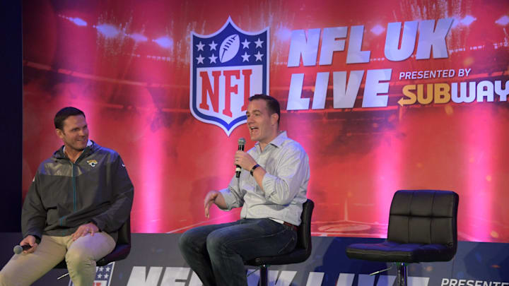 Ross Tucker, former NFL lineman, and former NFL lineman Tony Boselli (left) speak an event in London. Tucker has plenty of doubts about Caleb Williams, many based on flimsy evidence.