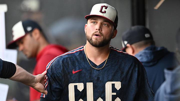 May 29, 2026; Cleveland, Ohio, USA; Cleveland Guardians starting pitcher Slade Cecconi (44) reacts in the dugout after being relieved during the fifth inning against the Boston Red Sox at Progressive Field. Mandatory Credit: Ken Blaze-Imagn Images