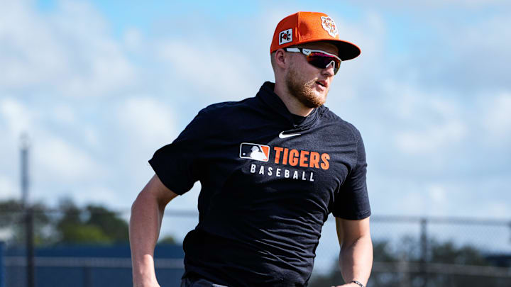 Detroit Tigers outfielder Parker Meadows runs during spring training at TigerTown in Lakeland, Fla. on Saturday, Feb. 15, 2025.