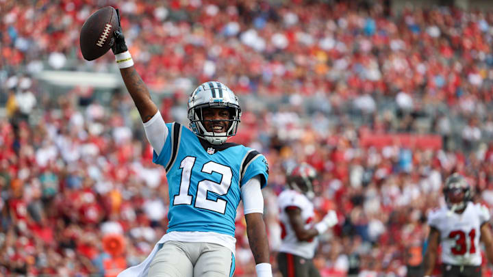 Jan 1, 2023; Tampa, Florida, USA; Carolina Panthers wide receiver Shi Smith (12) celebrates afar scoring a touchdown against the Tampa Bay Buccaneers in the fourth quarter at Raymond James Stadium. Mandatory Credit: Nathan Ray Seebeck-Imagn Images Jan 1, 2023; Tampa, Florida, USA; Carolina Panthers wide receiver Shi Smith (12) celebrates afar scoring a touchdown against the Tampa Bay Buccaneers in the fourth quarter at Raymond James Stadium. Mandatory Credit: Nathan Ray Seebeck-Imagn Images