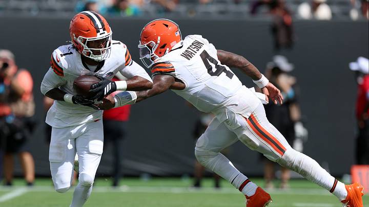 Sep 13, 2026; Jacksonville, Florida, USA; Cleveland Browns quarterback Deshaun Watson (4) hands the ball off to wide receiver KC Concepcion Jr. (1) in the fourth quarter against the Jacksonville Jaguars at EverBank Stadium. Mandatory Credit: Nathan Ray Seebeck-Imagn Images Sep 13, 2026; Jacksonville, Florida, USA; Cleveland Browns quarterback Deshaun Watson (4) hands the ball off to wide receiver KC Concepcion Jr. (1) in the fourth quarter against the Jacksonville Jaguars at EverBank Stadium. Mandatory Credit: Nathan Ray Seebeck-Imagn Images