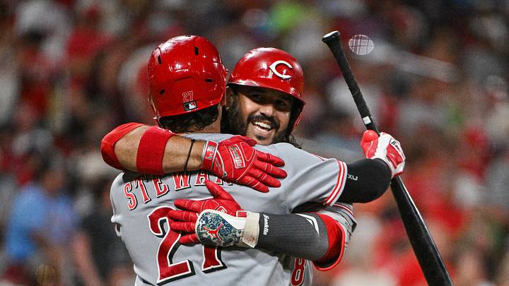 Jul 24, 2026; St. Louis, Missouri, USA; Cincinnati Reds third baseman Eugenio Suarez (28) celebrates with first baseman Sal Stewart (27) after hitting a two run home run against the St. Louis Cardinals during the seventh inning at Busch Stadium. Mandatory Credit: Jeff Curry-Imagn Images