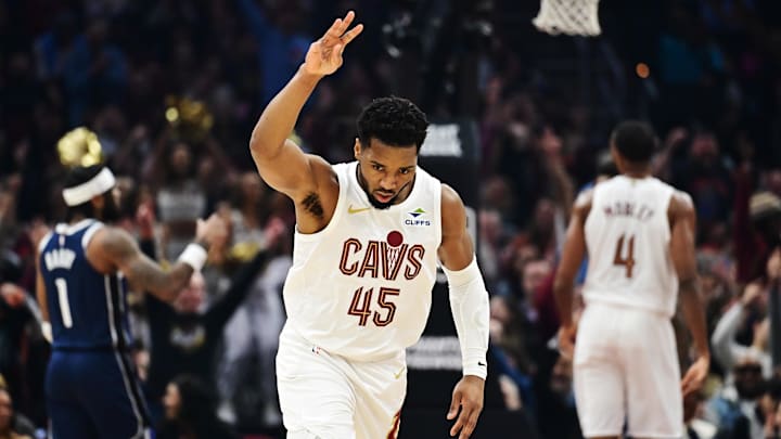 Feb 2, 2025; Cleveland, Ohio, USA; Cleveland Cavaliers guard Donovan Mitchell (45) celebrates after hitting a three point basket during the first half against the Dallas Mavericks at Rocket Mortgage FieldHouse. Mandatory Credit: Ken Blaze-Imagn Images Feb 2, 2025; Cleveland, Ohio, USA; Cleveland Cavaliers guard Donovan Mitchell (45) celebrates after hitting a three point basket during the first half against the Dallas Mavericks at Rocket Mortgage FieldHouse. Mandatory Credit: Ken Blaze-Imagn Images