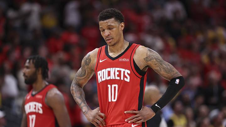 Apr 24, 2026; Houston, Texas, USA; Houston Rockets forward Jabari Smith Jr. (10) reacts after a play during overtime against the Los Angeles Lakers during game three of the first round of the 2026 NBA Playoffs at Toyota Center. Mandatory Credit: Troy Taormina-Imagn Images