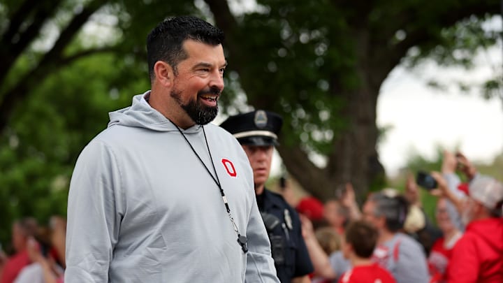 Apr 18, 2026; Columbus, OH, USA;  Ohio State head coach Ryan Day greets fans before the annual spring game at Ohio Stadium. Mandatory Credit: Joseph Maiorana-Imagn Images