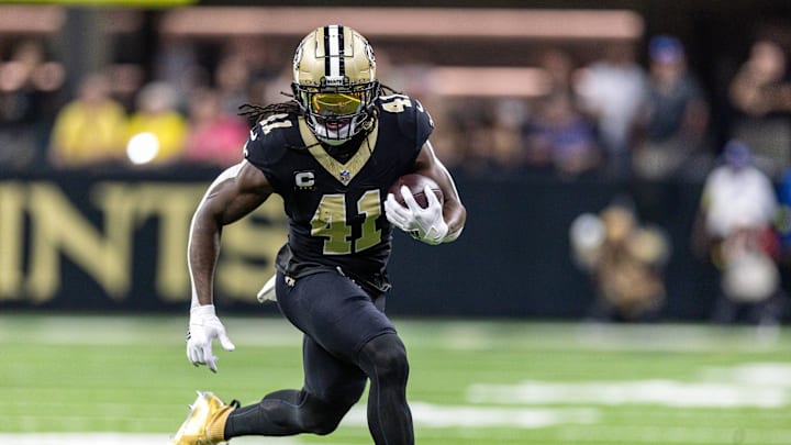Sep 14, 2025; New Orleans, Louisiana, USA;  New Orleans Saints running back Alvin Kamara (41) runs against the San Francisco 49ers during the first half at Caesars Superdome. Mandatory Credit: Stephen Lew-Imagn Images