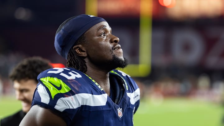 Sep 25, 2025; Glendale, Arizona, USA; Seattle Seahawks linebacker Boye Mafe (53) against the Arizona Cardinals at State Farm Stadium. Mandatory Credit: Mark J. Rebilas-Imagn Images