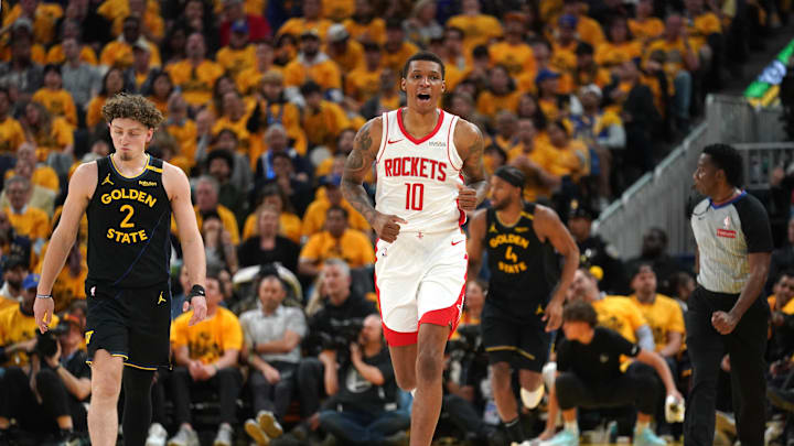 May 2, 2025; San Francisco, California, USA; Houston Rockets forward Jabari Smith Jr. (10) reacts after making a three-point basket against the Golden State Warriors in the third quarter of game six of the first round for the 2025 NBA Playoffs at Chase Center. Mandatory Credit: Cary Edmondson-Imagn Images May 2, 2025; San Francisco, California, USA; Houston Rockets forward Jabari Smith Jr. (10) reacts after making a three-point basket against the Golden State Warriors in the third quarter of game six of the first round for the 2025 NBA Playoffs at Chase Center. Mandatory Credit: Cary Edmondson-Imagn Images