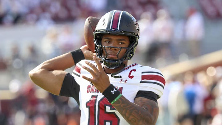 Oct 19, 2024; Norman, Oklahoma, USA;  South Carolina Gamecocks quarterback LaNorris Sellers (16) warms up before the game against the Oklahoma Sooners at Gaylord Family-Oklahoma Memorial Stadium. Mandatory Credit: Kevin Jairaj-Imagn Images