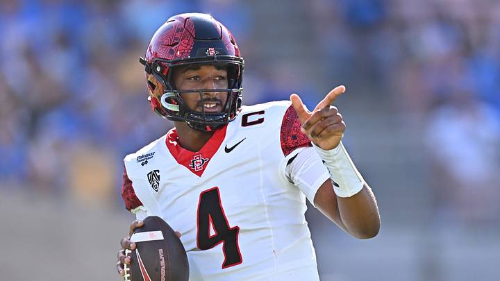 Sep 12, 2026; Pasadena, California, USA; San Diego State quarterback Jayden Denegal (4).