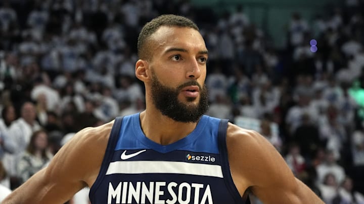 May 24, 2025; Minneapolis, Minnesota, USA; Minnesota Timberwolves center Rudy Gobert (27) reacts after the game against the Oklahoma City Thunder in game three of the western conference finals for the 2025 NBA Playoffs at Target Center. Mandatory Credit: Bruce Kluckhohn-Imagn Images